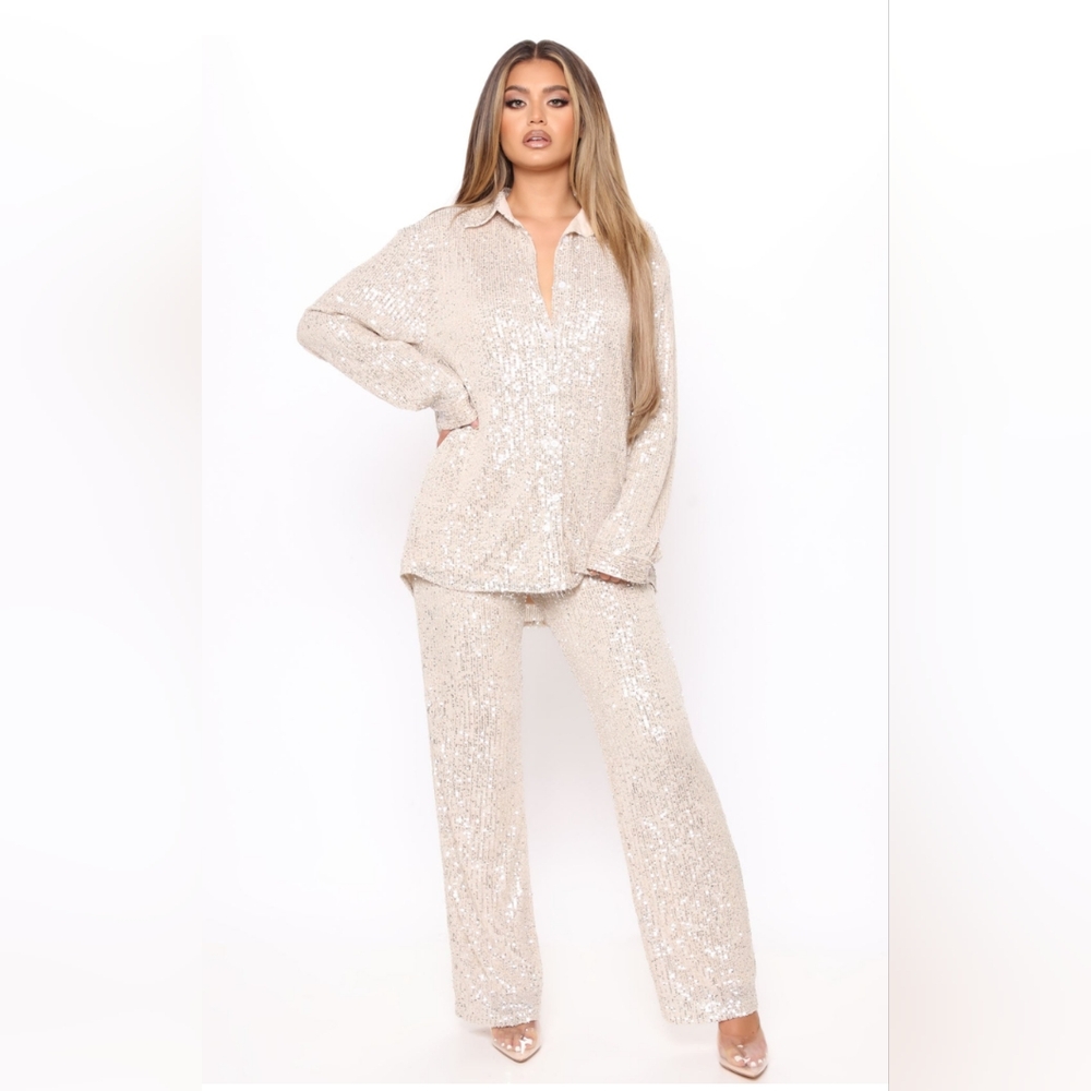 (NEW) Women's White Sequins 2 Piece Pants Suit 1X NWT